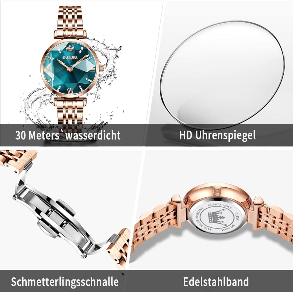 OLEVS Damenuhren Analog Quarz Armbanduhren mit Diamant Kleines Gesicht Gold Edelstahlband wasserdichte Uhr Grün - 6
