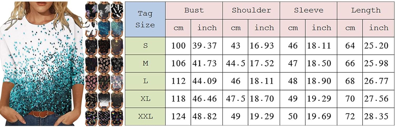 Briskorry Damen T-Shirt 3/4 Arm Langarm Oberteile Bunte Print Tops Frauen Damenblusen Sommershirts Blusenshirt Festliche Bluse Longpullover Tunika Vintage Sommertop L P - 3