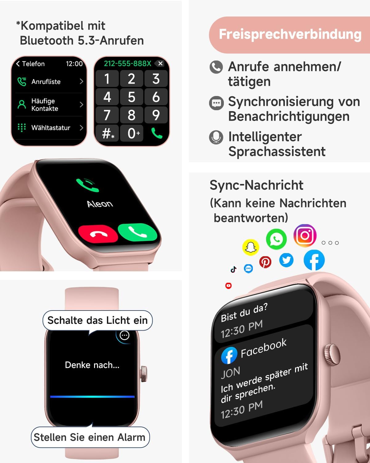 TOOBUR Smartwatch mit Telefonfunktion, 1.95" Fitnessuhr mit Herzfrequenz Schlafüberwachung Schrittzähler IP68 Wasserdicht Kompatibel mit Android & iOS für Damen 44mm Rosa - 2 TOOBUR Smartwatch mit Telefonfunktion, 1.95" Fitnessuhr mit Herzfrequenz Schlafüberwachung Schrittzähler IP68 Wasserdicht Kompatibel mit Android & iOS für Damen 44mm Rosa - 2