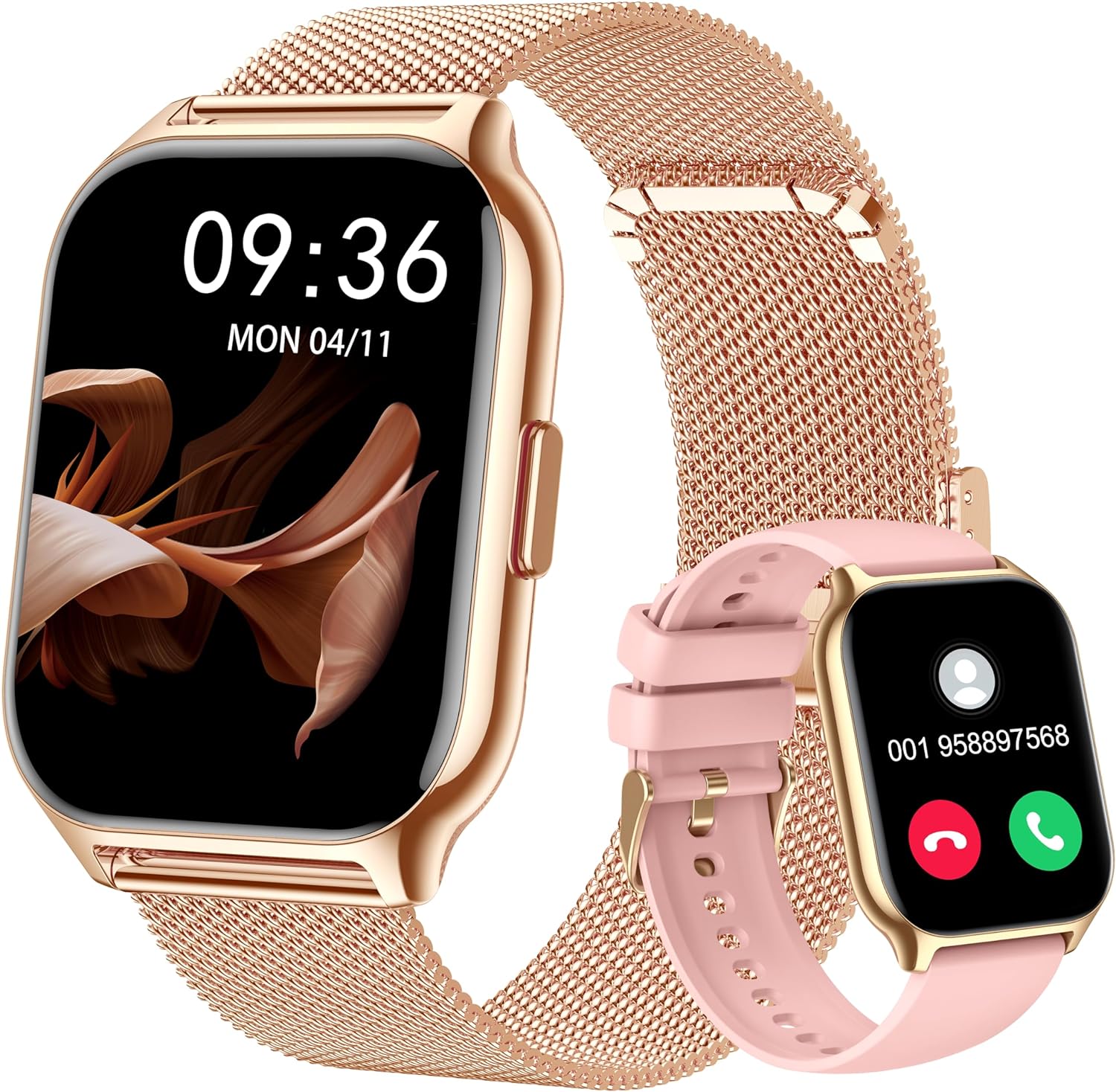 Narcid Smartwatch 2 Zoll für Damen Herren,Fitnesstracker mit Telefonfunktion/Sprachassistent/Message Reminder,Fitnessuhr Puls-Schlaf-Monitor, Sportuhr 100+ Sportmodi IP68 Wasserdicht für iOS/Android Pink+Rosegold - 1
