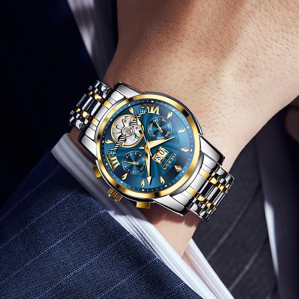 OUPINKE Herrenuhr Automatik Luxus Skelett Mechanik mit Diamanten Tourbillon Tag Datum Wasserdicht Luminous Edelstahlarmband Blau Zifferblatt/Zweifarbiges Armband - 6