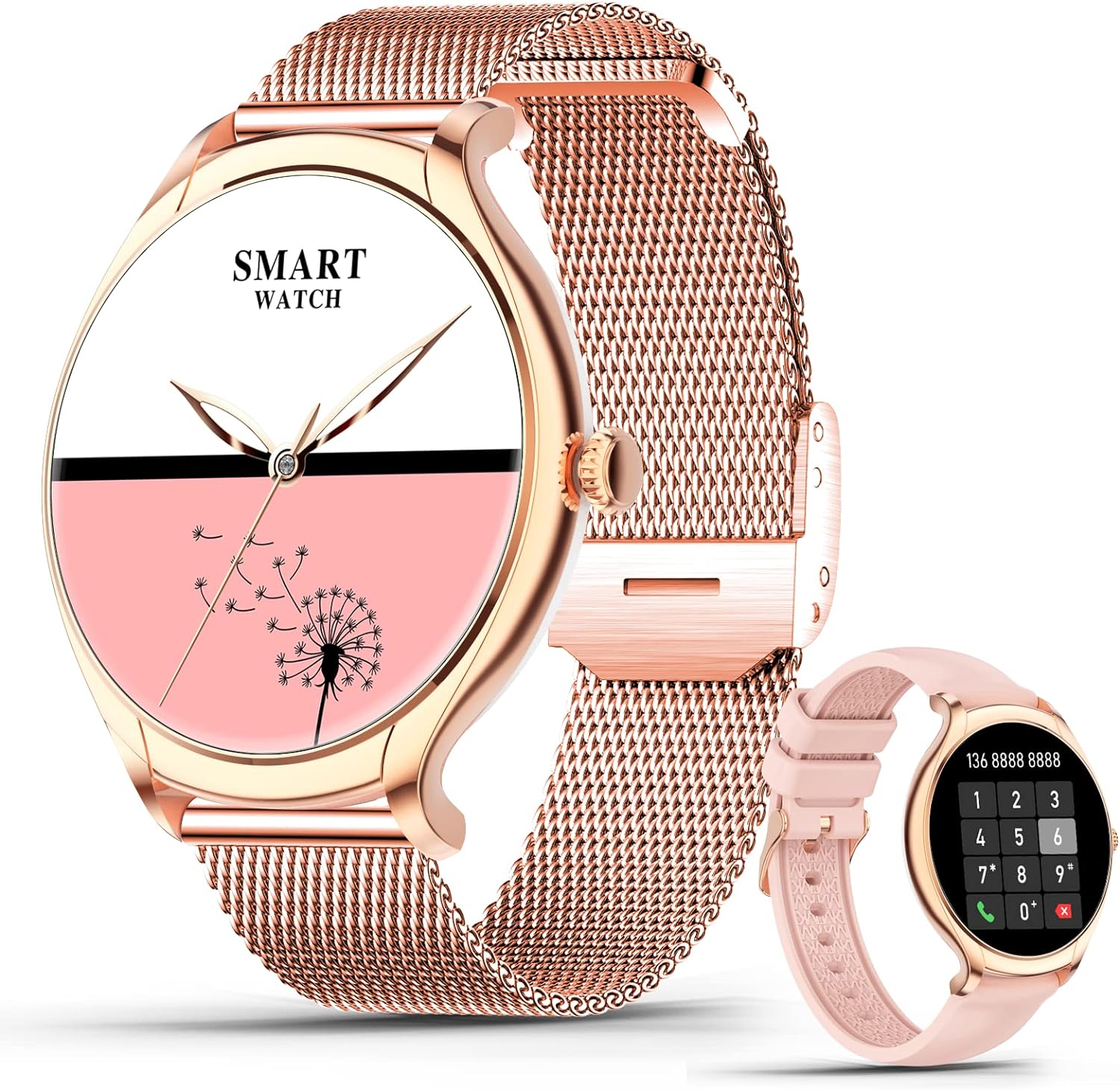 SZHELEJIAM Smartwatch mit Telefonfunktion, Armbanduhr Damen Rund mit Blutdruckmessung Pulsmesser Schlafmonitor Schrittzähler 128 Sportmodi Fitnessuhr Smart Watch Damenuhr für iOS Android Roségold - 1