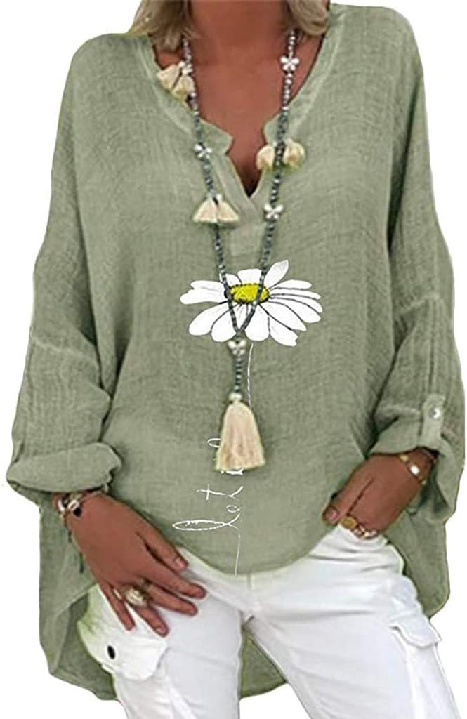 Briskorry Leinenbluse Damen Sommer Schmetterling Druck T Shirts Übergröße Langarmshirt Lockere Lässige Bluse Long Shirts Sommer Herbst Damenblusen Baumwolle Leinen Top L Y-grün - 1