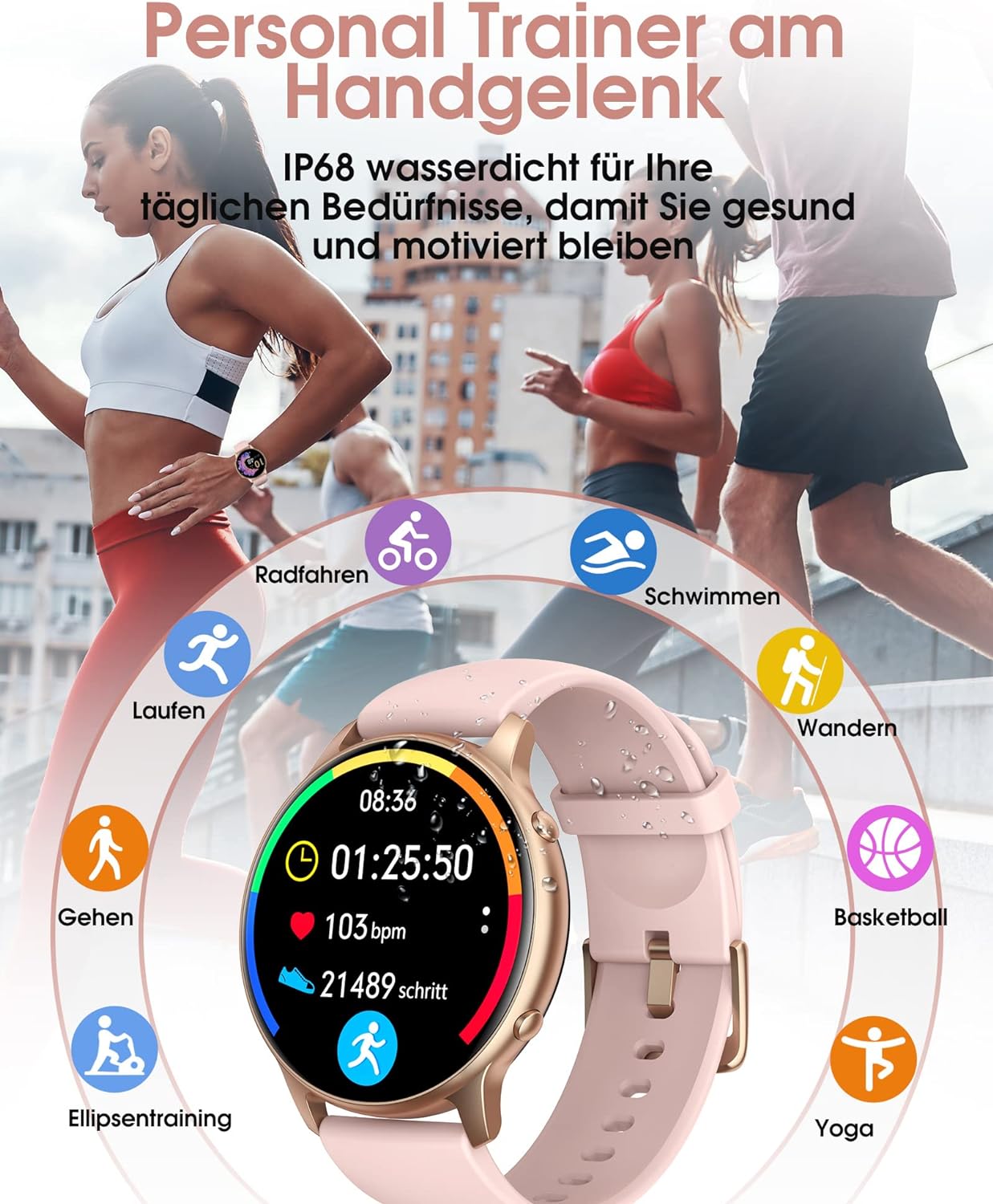 TUYOMA Smartwatch für Damen, IP68, wasserdicht, 3,3 cm (1,3 Zoll), Touchscreen, Sportuhr mit Oxymeter, DIY Zifferblatt, Schlafüberwachung, Schrittzähler, Pulsmesser für Android iOS Rosa - 2 TUYOMA Smartwatch für Damen, IP68, wasserdicht, 3,3 cm (1,3 Zoll), Touchscreen, Sportuhr mit Oxymeter, DIY Zifferblatt, Schlafüberwachung, Schrittzähler, Pulsmesser für Android iOS Rosa - 2
