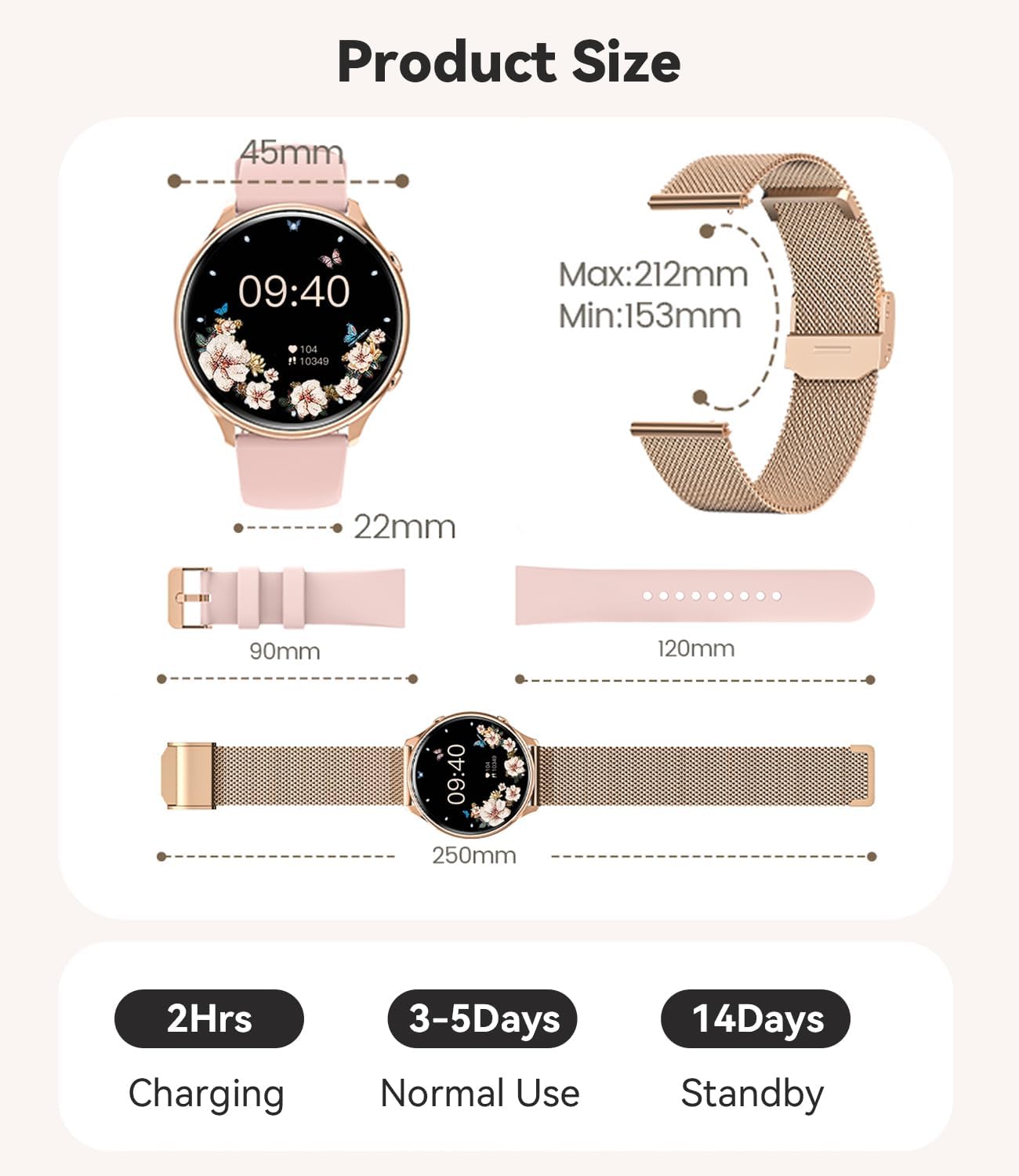 Fitonme Smartwatch Damen, 1,39" HD Touchscreen smartwatch mit Telefonfunktion, Armbanduhr mit 120+ Sportmodi Herzfrequenz SpO2 Schlafmonitor, IP67 Wasserdicht Fitnessuhr für Android iOS Roségold - 7 Fitonme Smartwatch Damen, 1,39" HD Touchscreen smartwatch mit Telefonfunktion, Armbanduhr mit 120+ Sportmodi Herzfrequenz SpO2 Schlafmonitor, IP67 Wasserdicht Fitnessuhr für Android iOS Roségold - 7