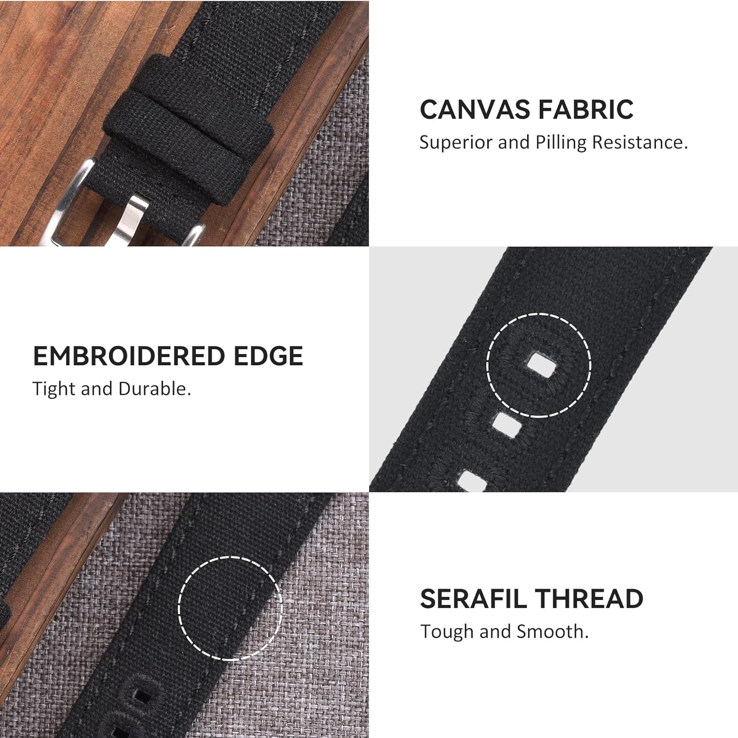 EACHE Canvas Uhrenarmband für Herren Canvas Leder Quick Release Uhrenarmband 18mm 20mm 22mm Schwarz-Silber Schnalle 22mm - 3